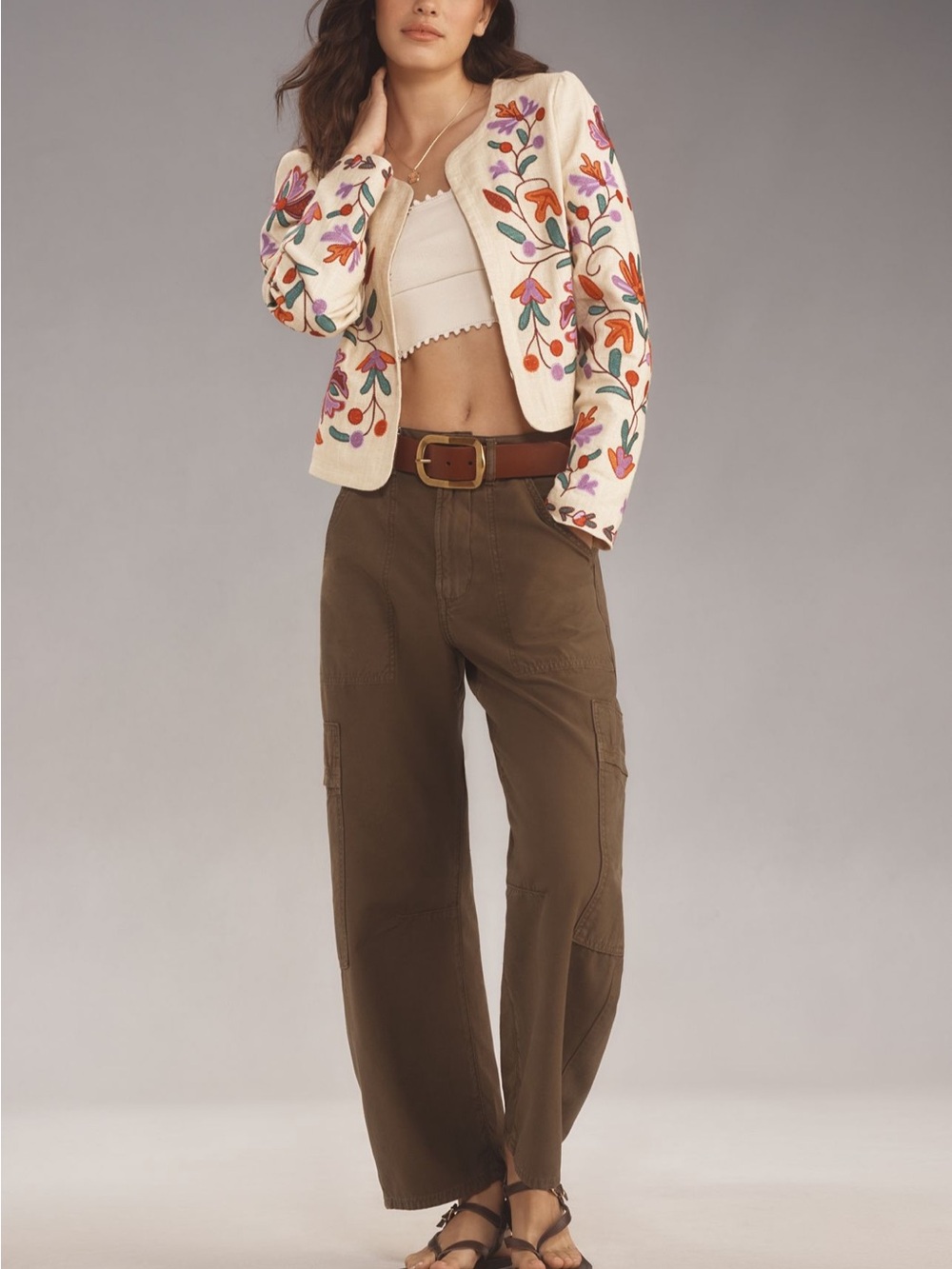Anthropologie DOLAN Cream Linen Floral Cropped Jacket - Picture 2 of 8